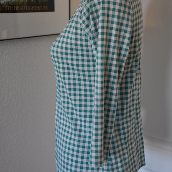 Lands' End Green White Gingham Three-Quarter Sleeve Cotton Top - Picture 6 of 7